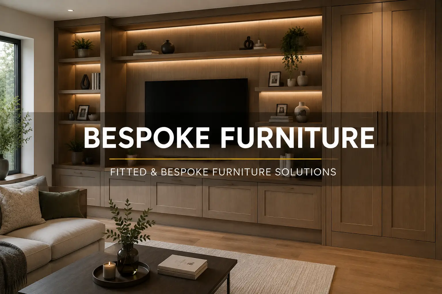 Floor-to-ceiling fitted media wall with integrated television, cupboards and illuminated shelving.