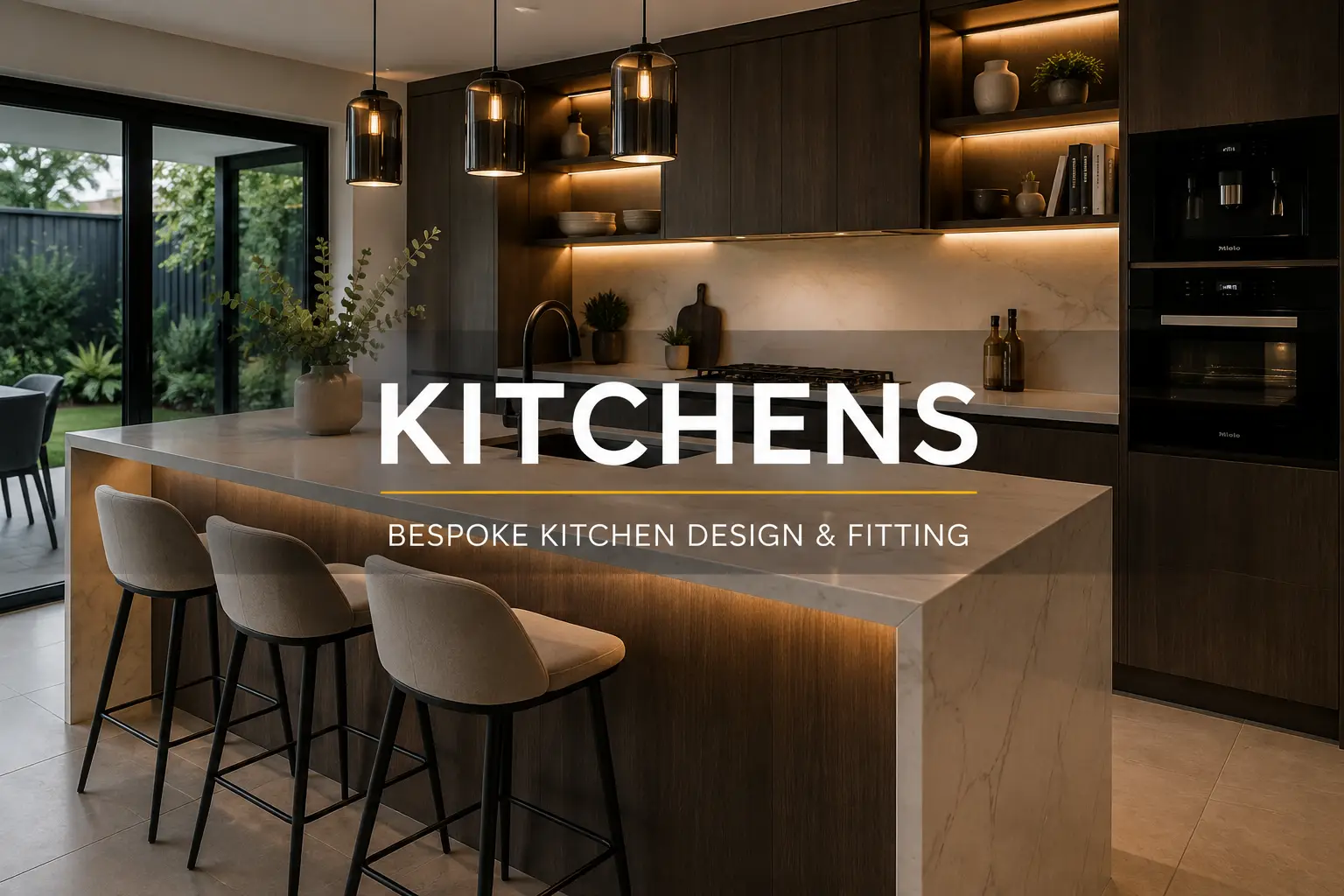 Contemporary dark-wood kitchen with an island, integrated appliances and illuminated shelving.