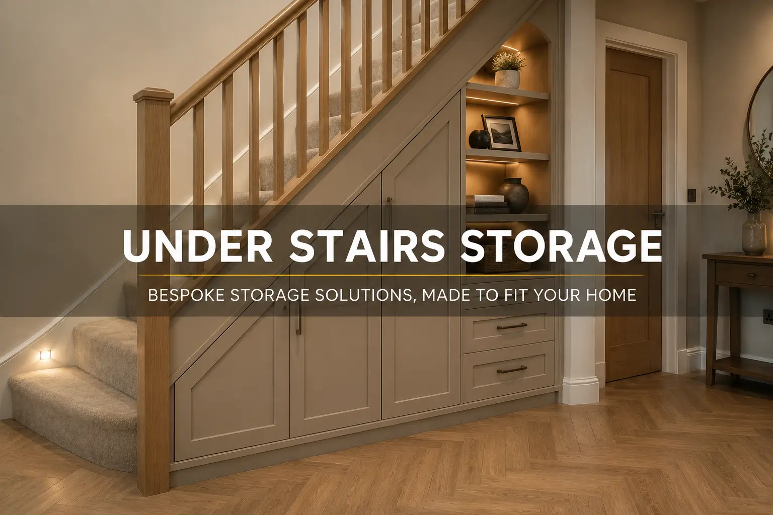 Bespoke fitted under-stairs storage with cupboards, drawers and illuminated shelving.