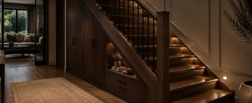 Bespoke dark oak staircase with black metal spindles