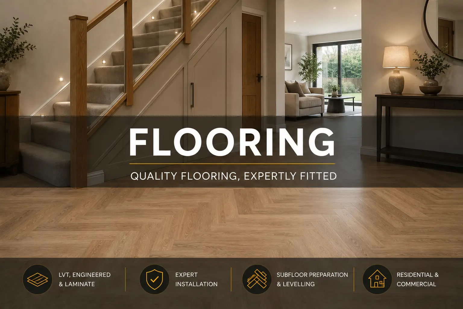 Herringbone wood flooring beside a staircase in a modern open-plan home.