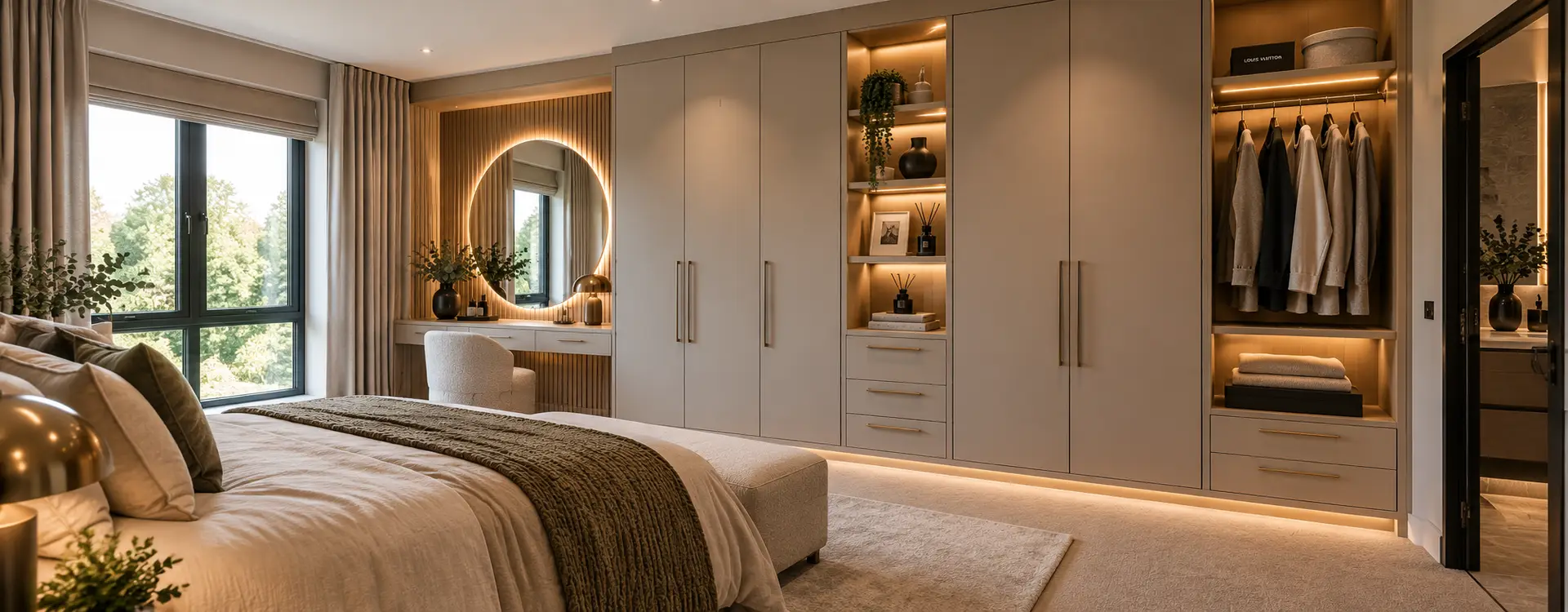 Bespoke fitted bedroom furniture with wardrobes, dressing table and integrated lighting