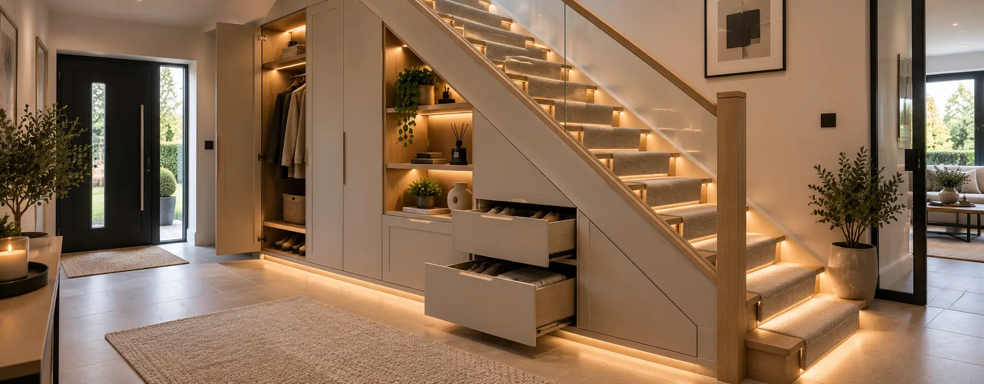 Bespoke under-stairs storage with fitted cupboards, drawers and shelving under stairs storage in Leeds