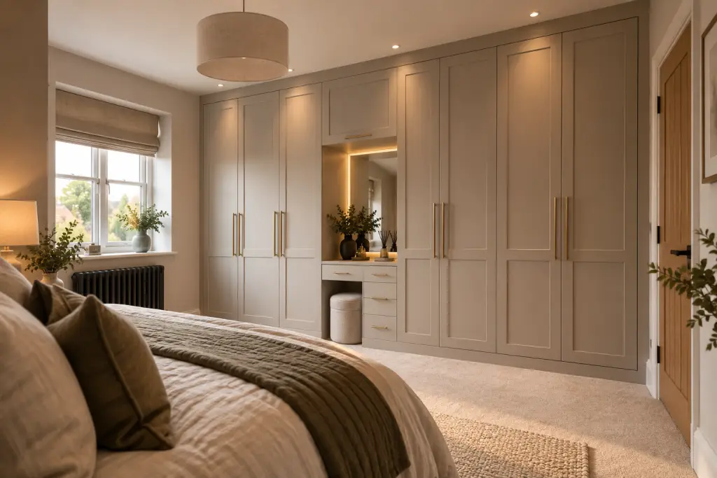 Bespoke fitted shaker wardrobes with integrated dressing table in a Leeds bedroom
