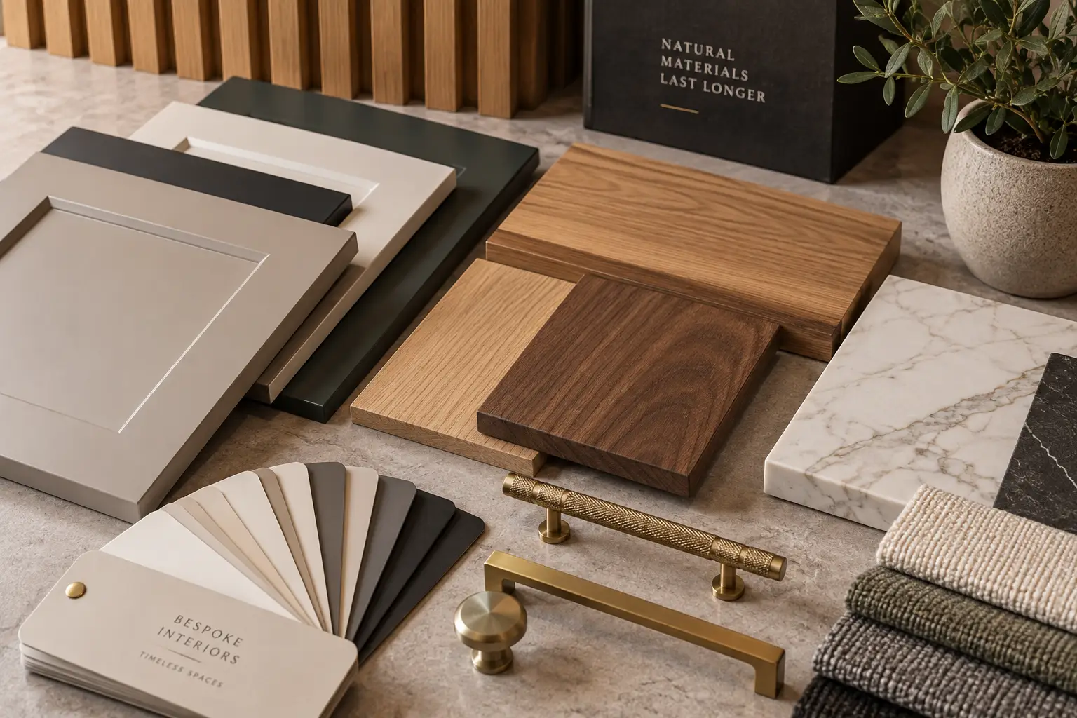 Bespoke furniture material samples including oak, walnut, painted finishes and hardware