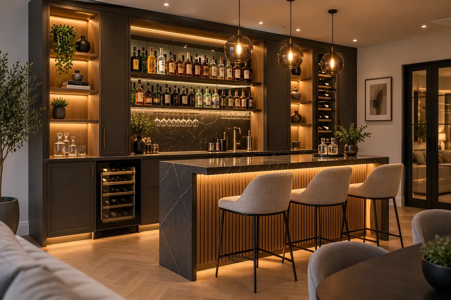 Bespoke home bar with fitted cabinetry, illuminated shelving and wine storage