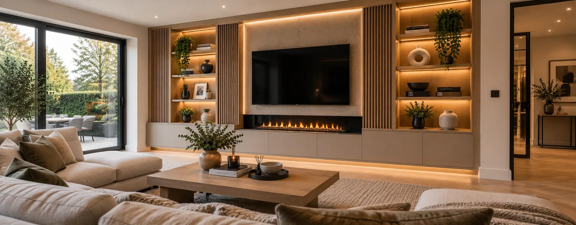 Bespoke media wall with oak shelving, integrated fireplace and fitted storage