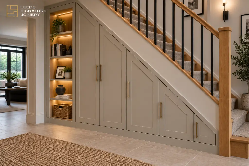 Bespoke under-stairs storage with fitted cupboards and open bookcase in Leeds