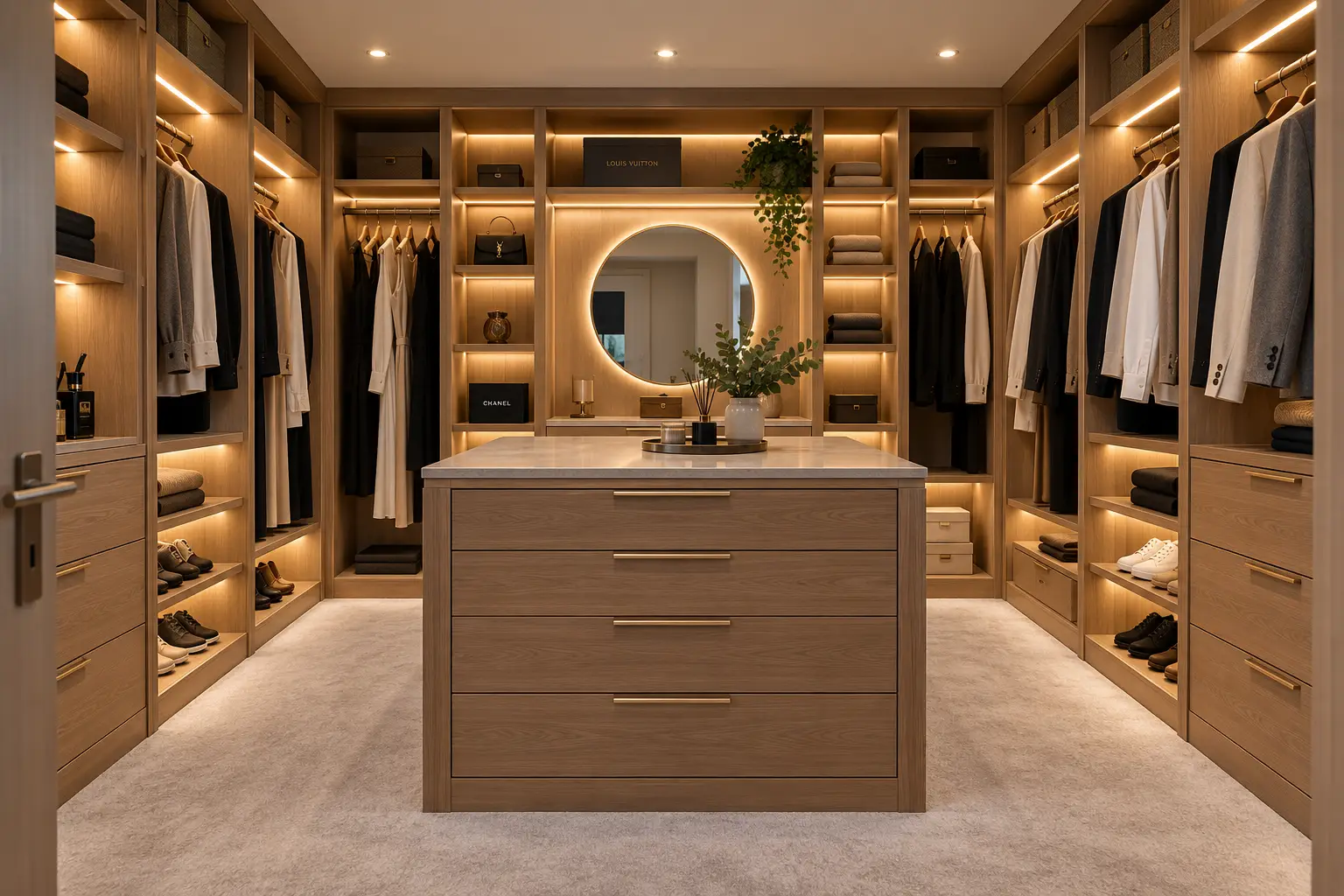Bespoke oak walk-in wardrobe with fitted storage and central island. Bespoke Furniture in Leeds