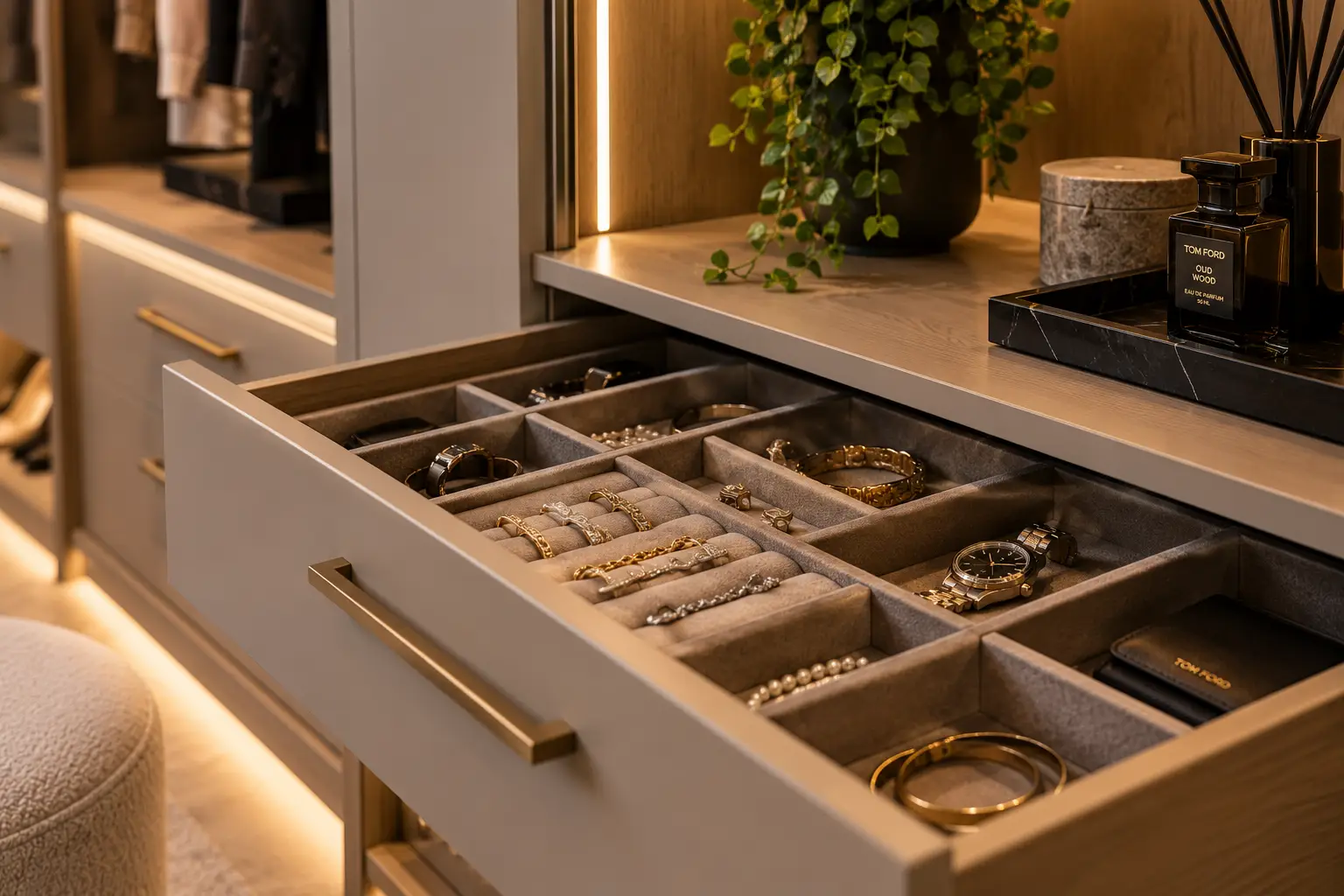 Bespoke wardrobe jewellery drawer with fitted internal compartments