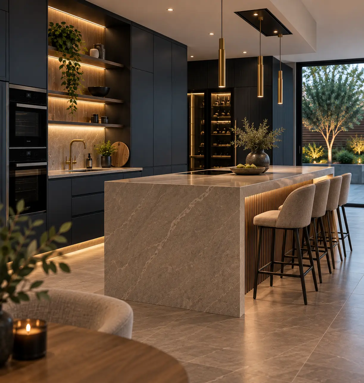 Luxury fitted kitchen with dark cabinetry, stone island, integrated appliances and brass detailing in Leeds