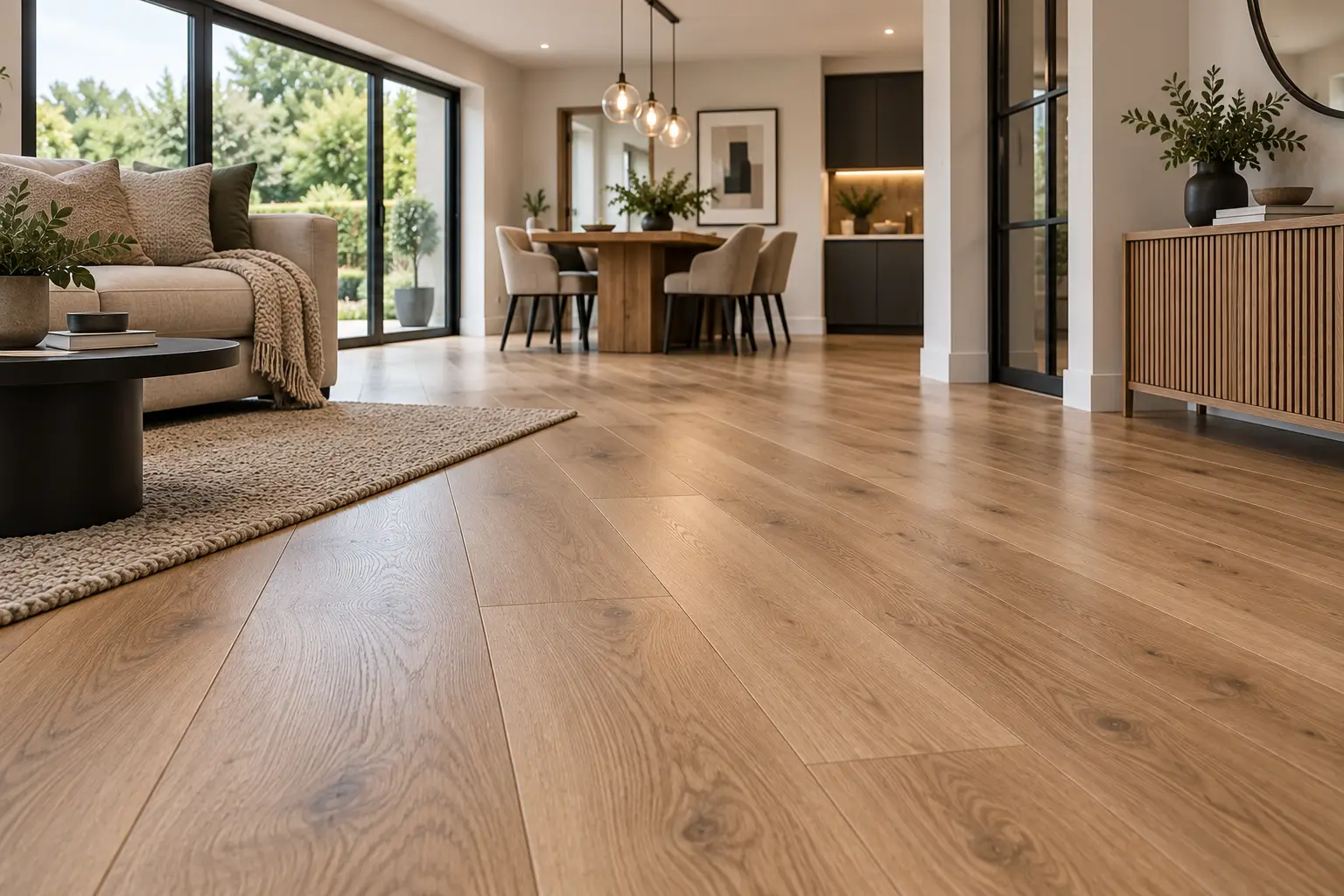 Engineered oak wood flooring professionally installed in a modern open-plan home in Leeds