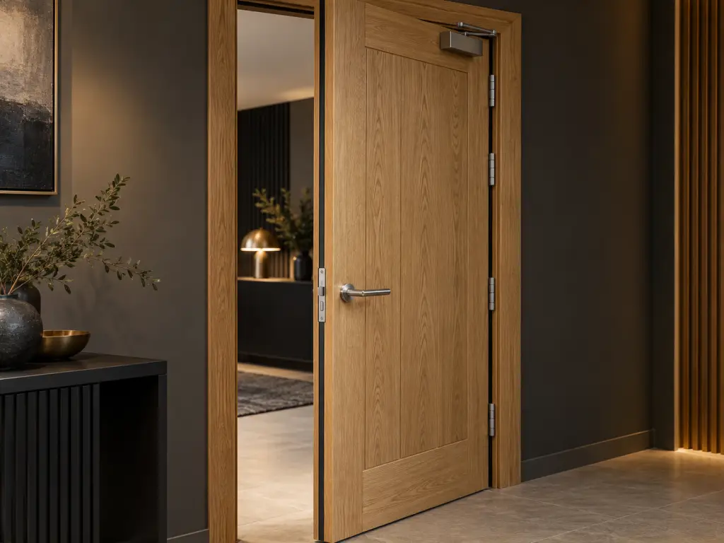Oak doorset showing its timber frame, hinges, overhead closer, handle and smoke-seal detail.