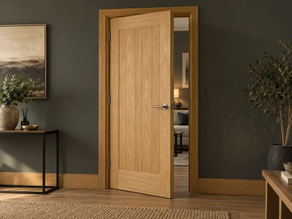 Natural oak timber door leaf shown slightly open within its matching frame.