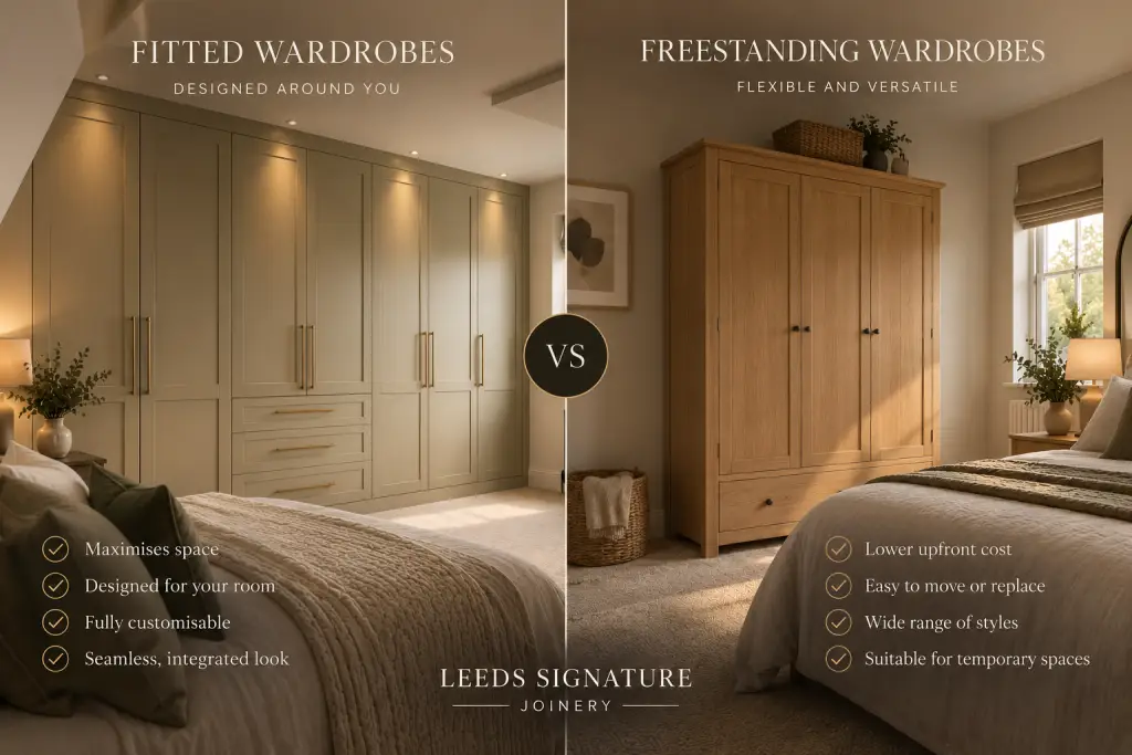 Comparison of bespoke fitted wardrobes and freestanding wardrobes in a bedroom