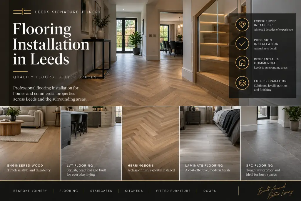 Examples of engineered wood, LVT, herringbone, laminate and SPC flooring