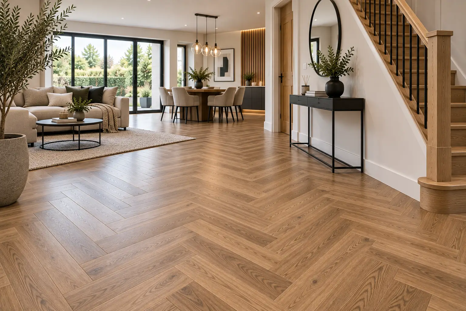 Oak herringbone flooring professionally installed throughout a modern open-plan home in Leeds