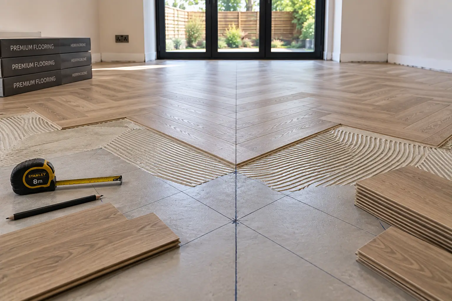 Herringbone flooring pattern being precisely set out before installation in a Leeds home