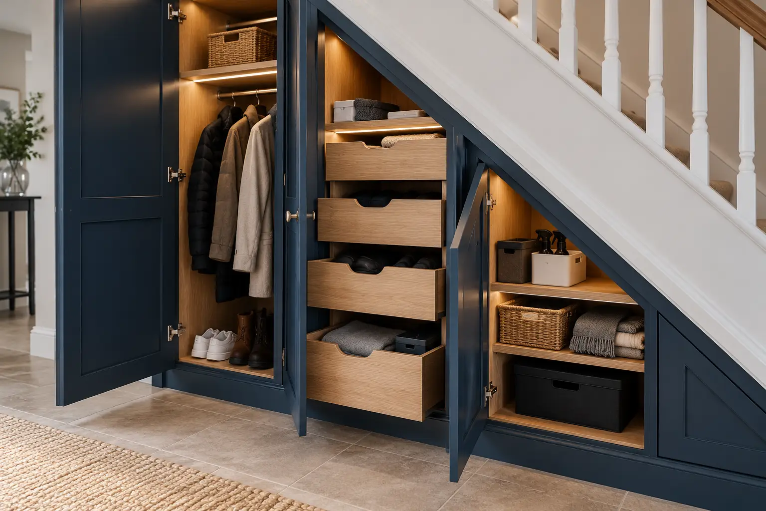 Bespoke under stairs storage with oak drawers, shelving and coat hanging space joinery services in Leeds