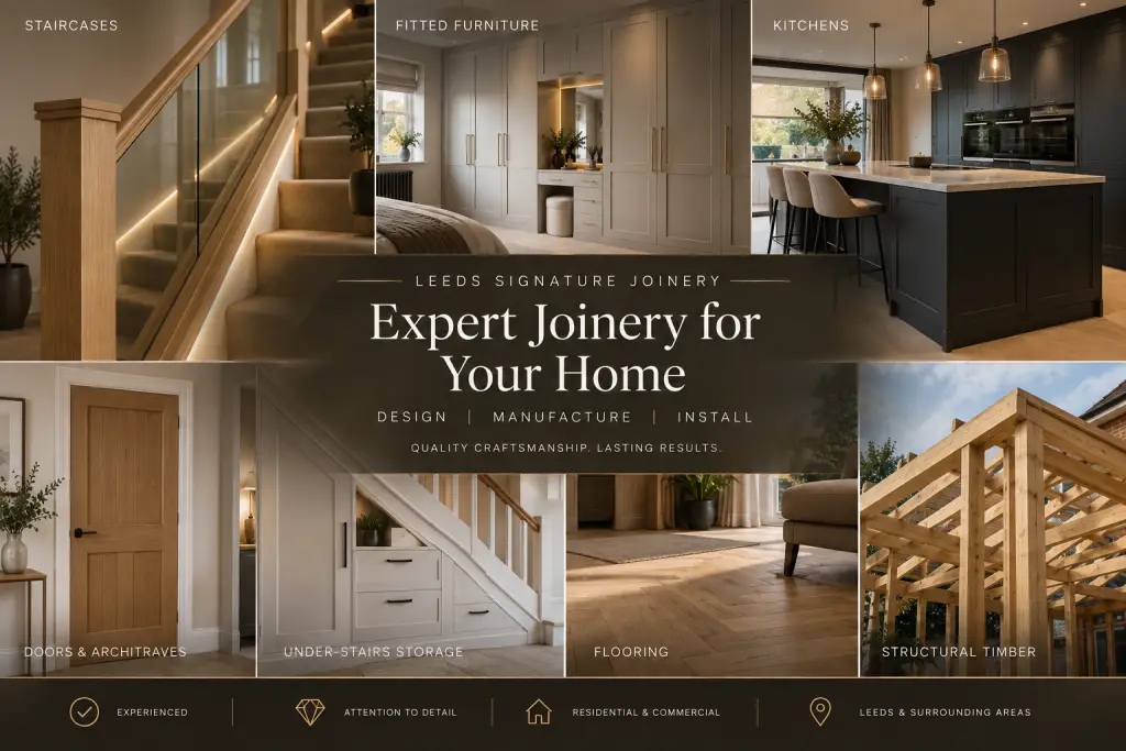 Examples of bespoke joinery and carpentry including staircases, fitted furniture, kitchens and doors