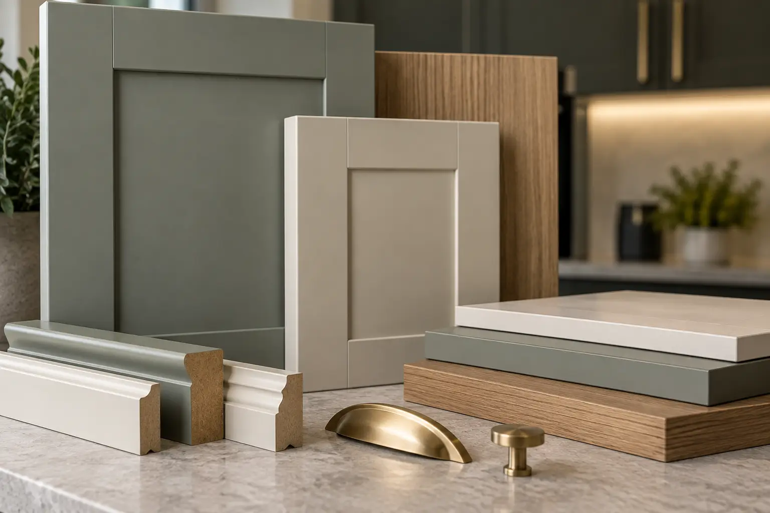 Kitchen cabinet doors, panels and finishing profiles in shaker and wood finishes