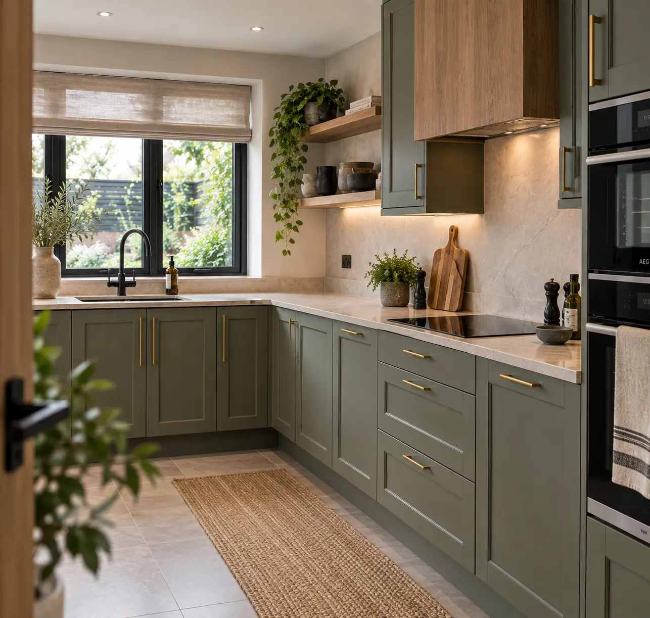 Sage green fitted kitchen with shaker cabinetry, integrated appliances and precision finishing in Leeds