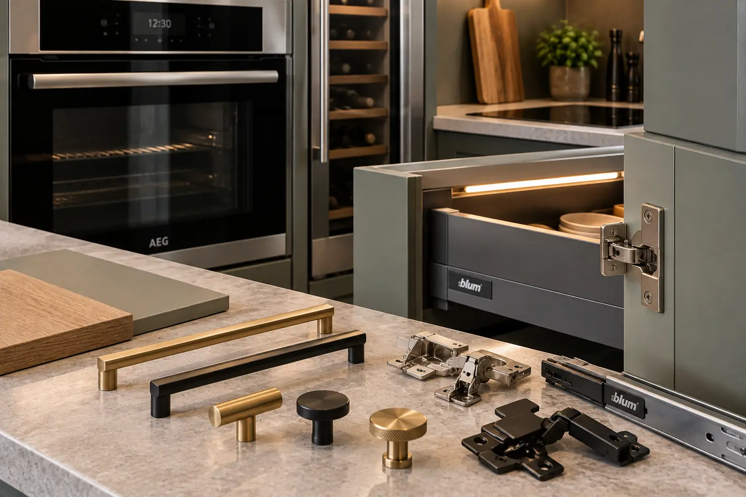 Kitchen cabinet hardware, soft-close hinges, drawer runners and integrated appliances in Leeds