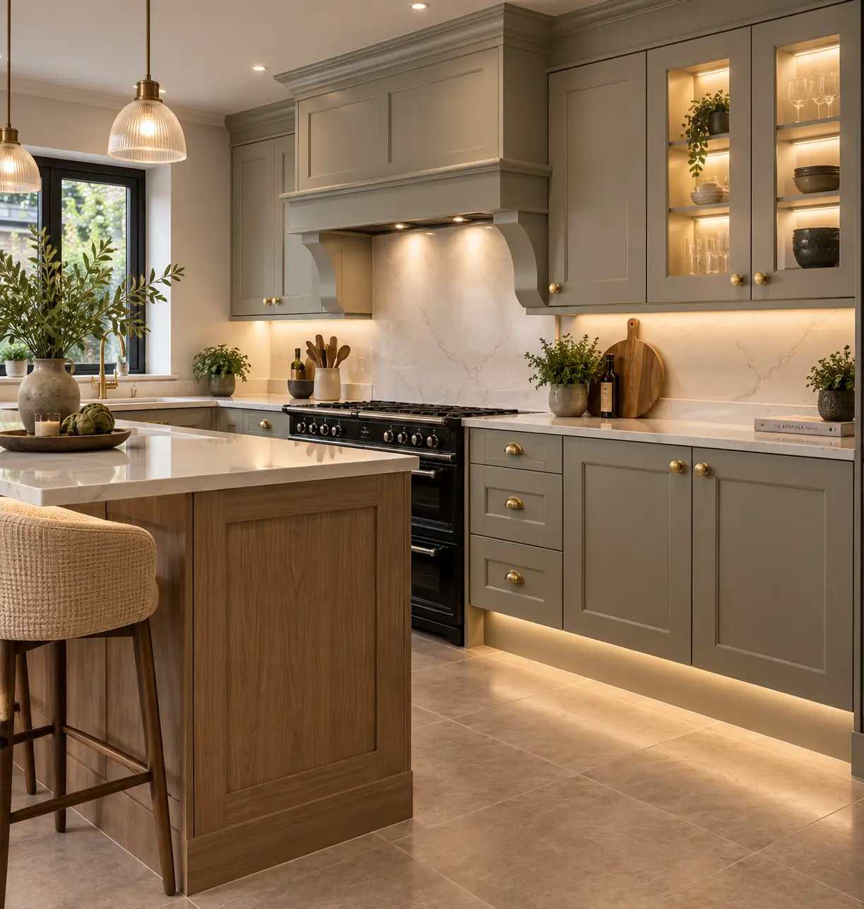 Upgraded kitchen with replacement shaker doors, end panels, cornices and brass hardware in Leeds
