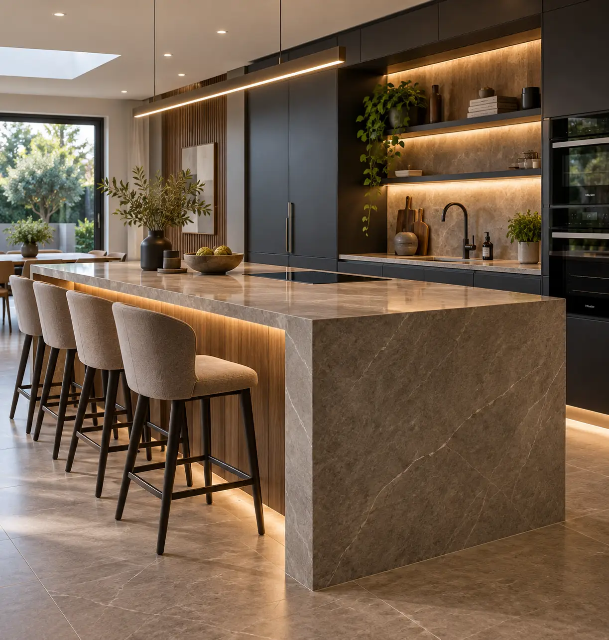 Luxury kitchen island with stone worktop, integrated hob and bespoke cabinetry in a Leeds home