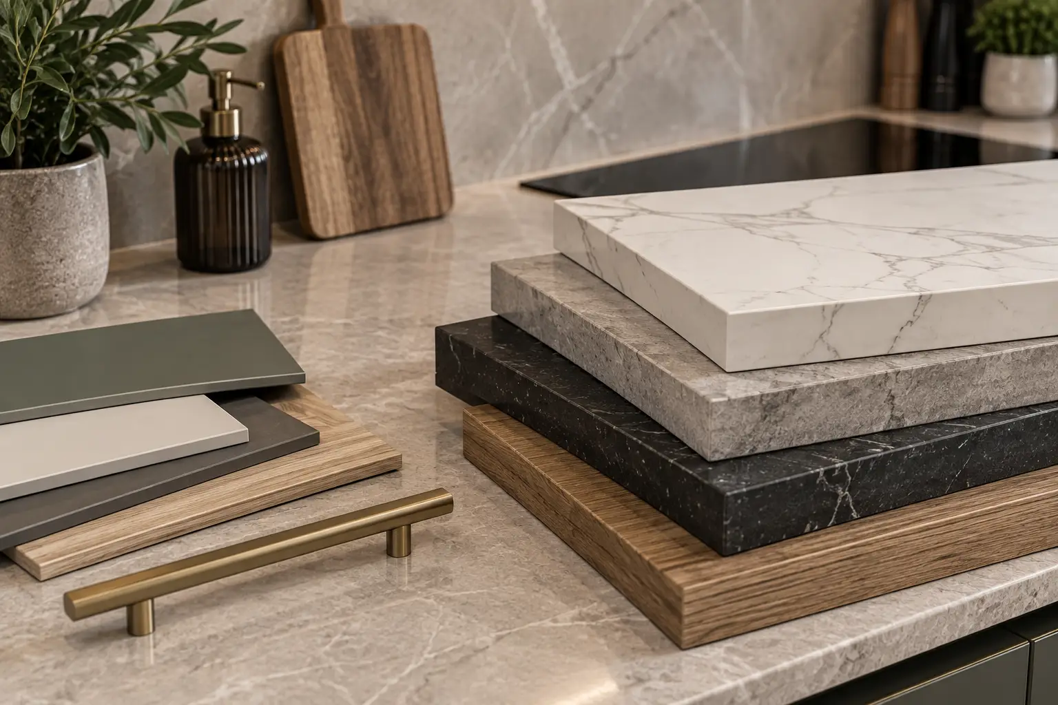 Selection of quartz, stone and wood kitchen worktop surfaces and finishes