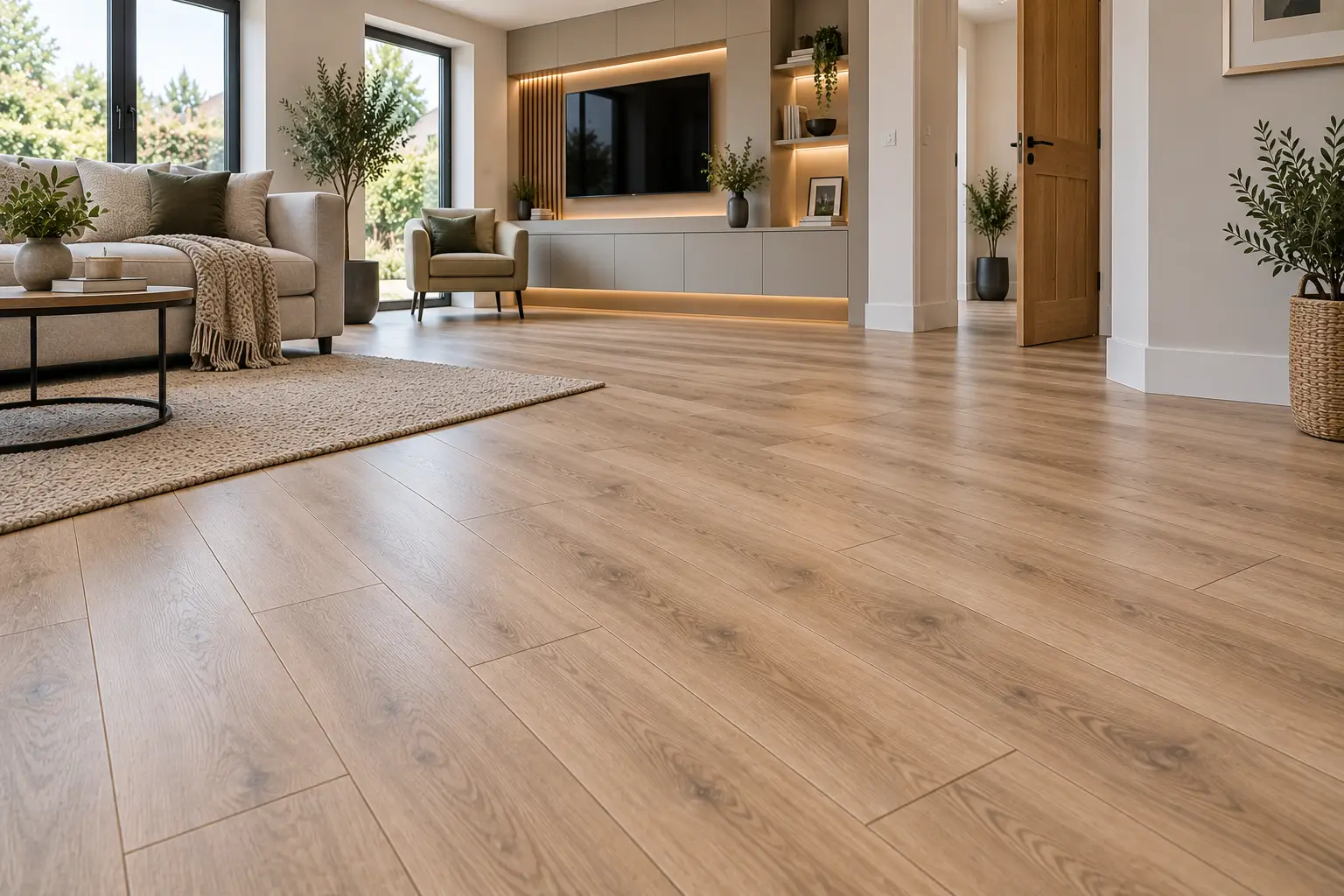 Light oak laminate flooring professionally installed in a modern living room in Leeds
