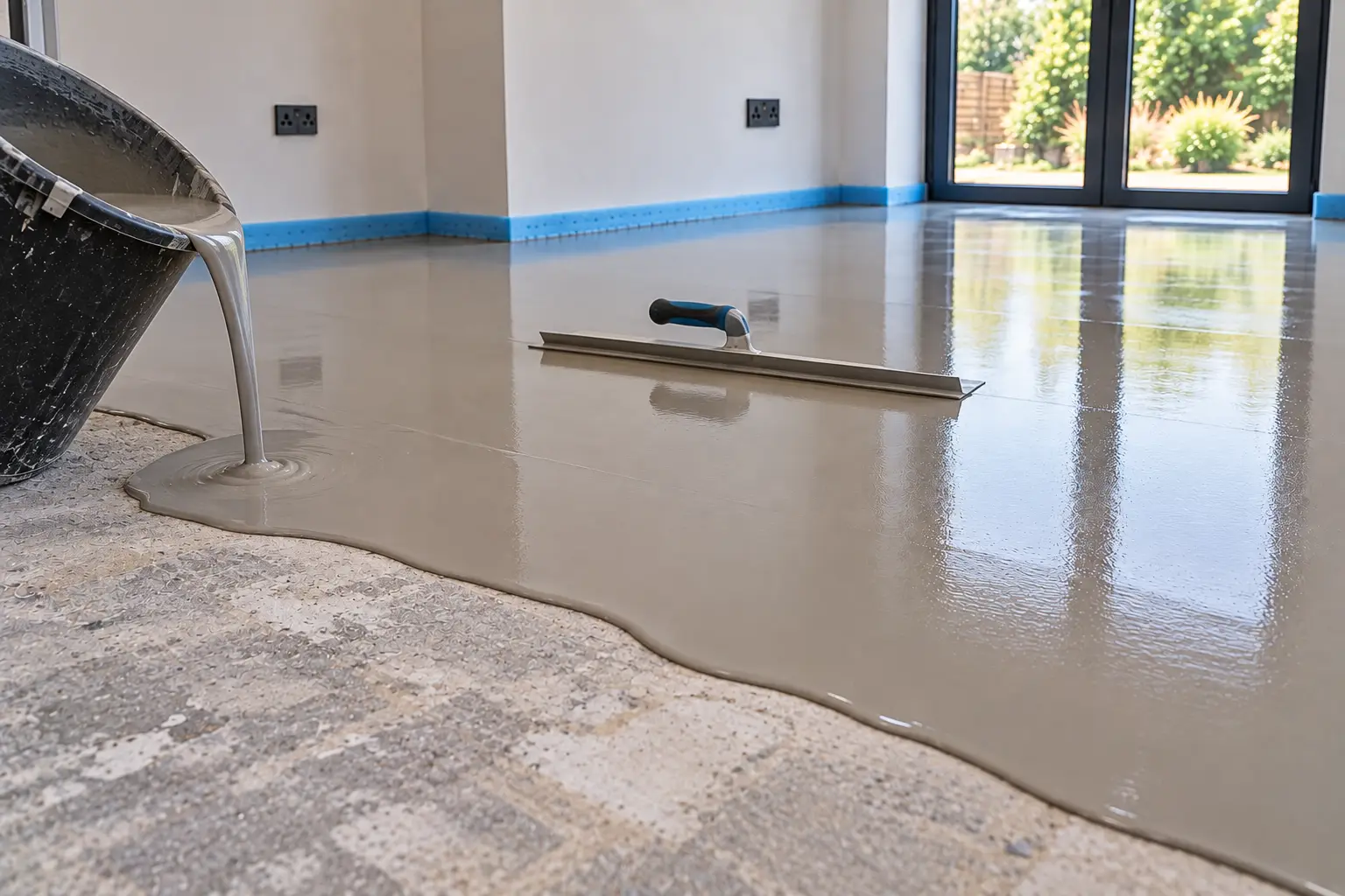 Self-levelling latex screed applied to prepare a subfloor for new flooring in Leeds
