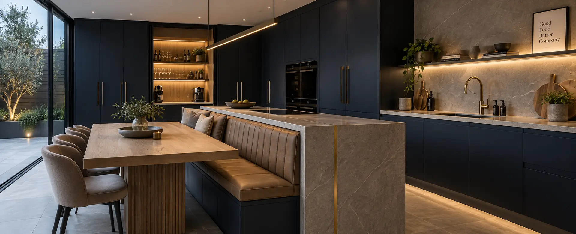 Bespoke dark navy kitchen with stone worktops, brass details and integrated dining area in Leeds Kitchen installation in Leeds