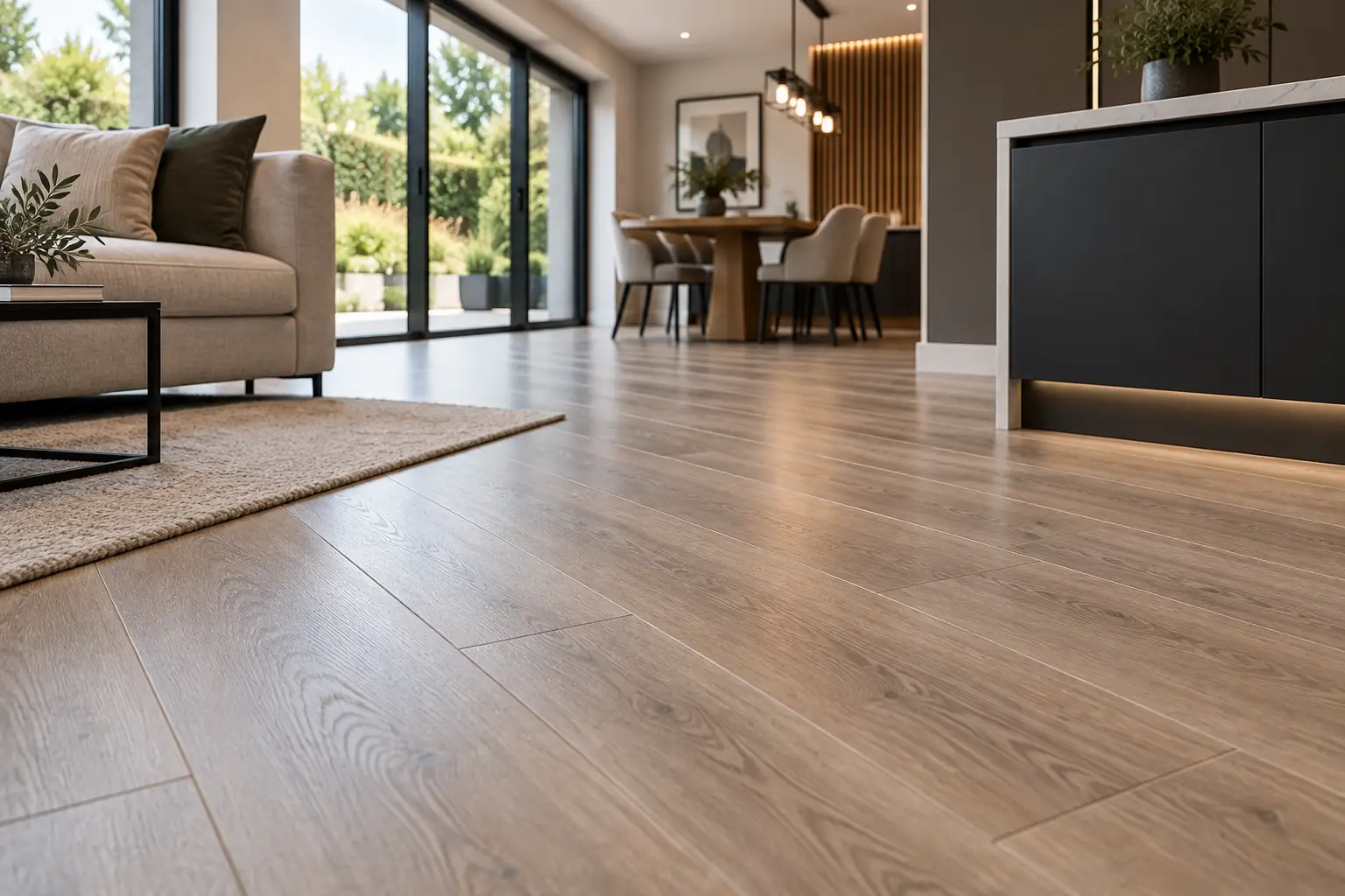 Oak-effect LVT flooring professionally installed in a modern open-plan home in Leeds