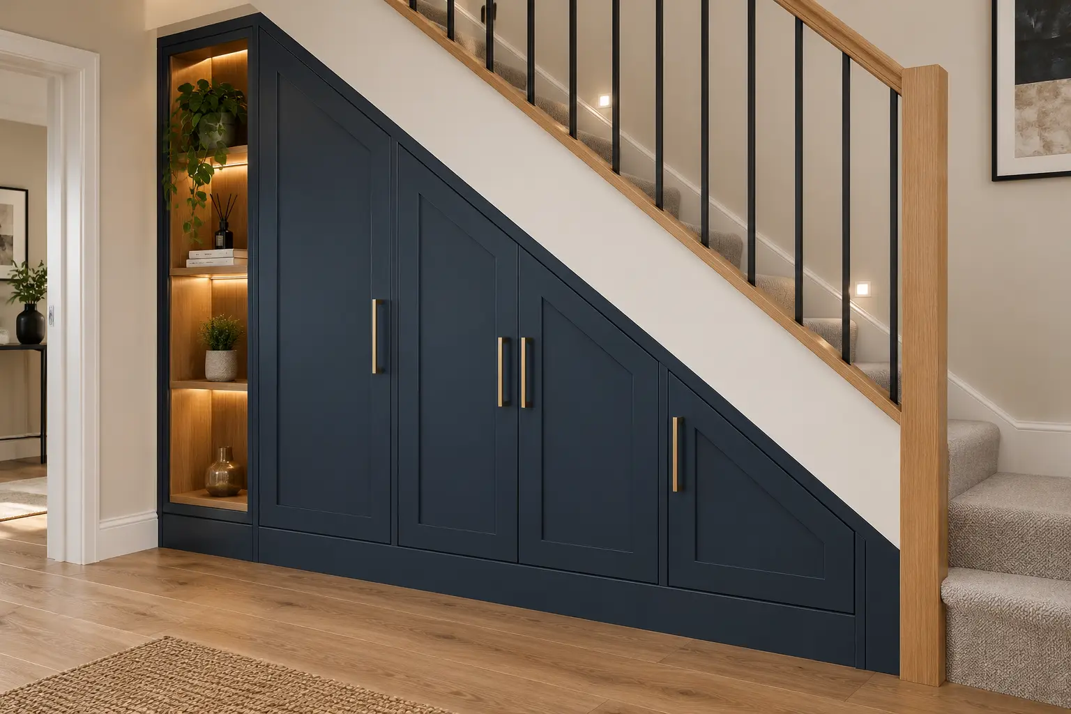Bespoke navy Shaker under stairs storage with oak shelving and brass handles