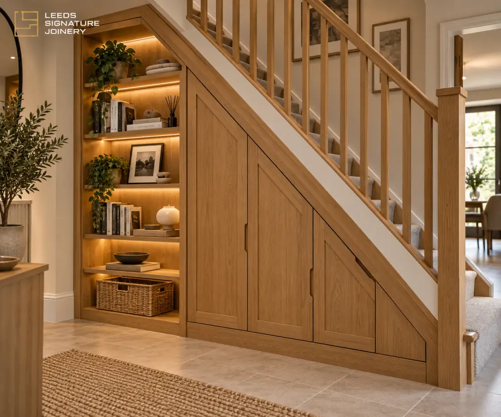Bespoke oak under-stairs storage with integrated open bookcase