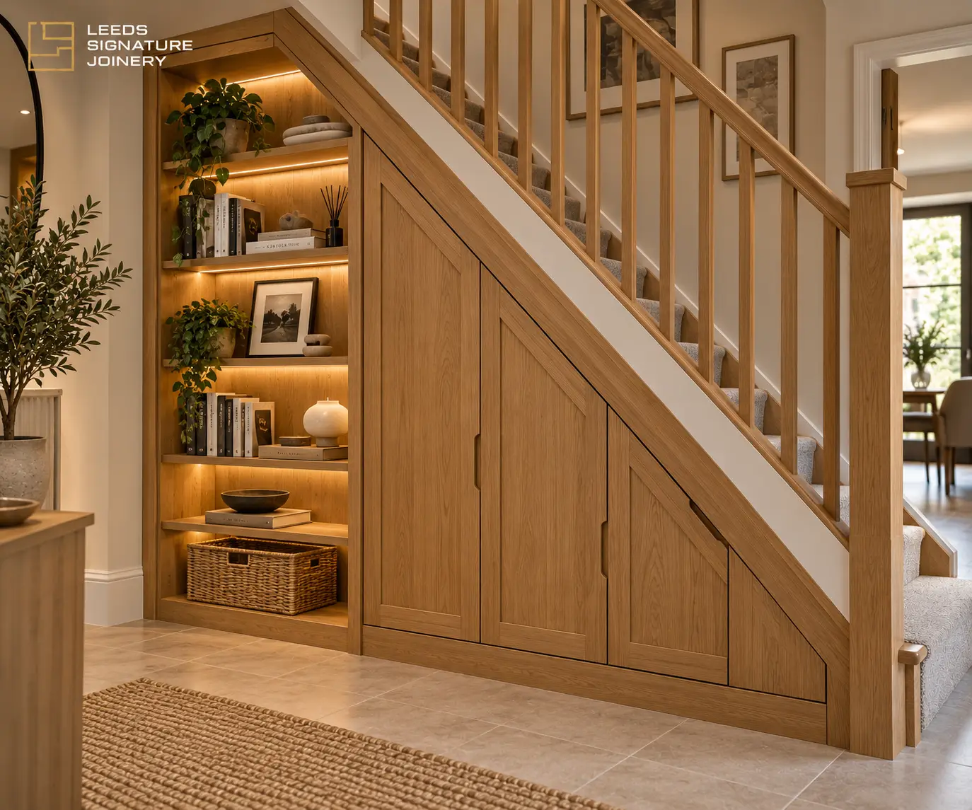 Bespoke oak under-stairs storage with integrated open bookcase