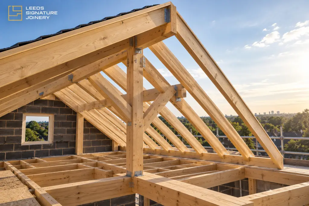 Timber roof structure under construction for a property in Leeds