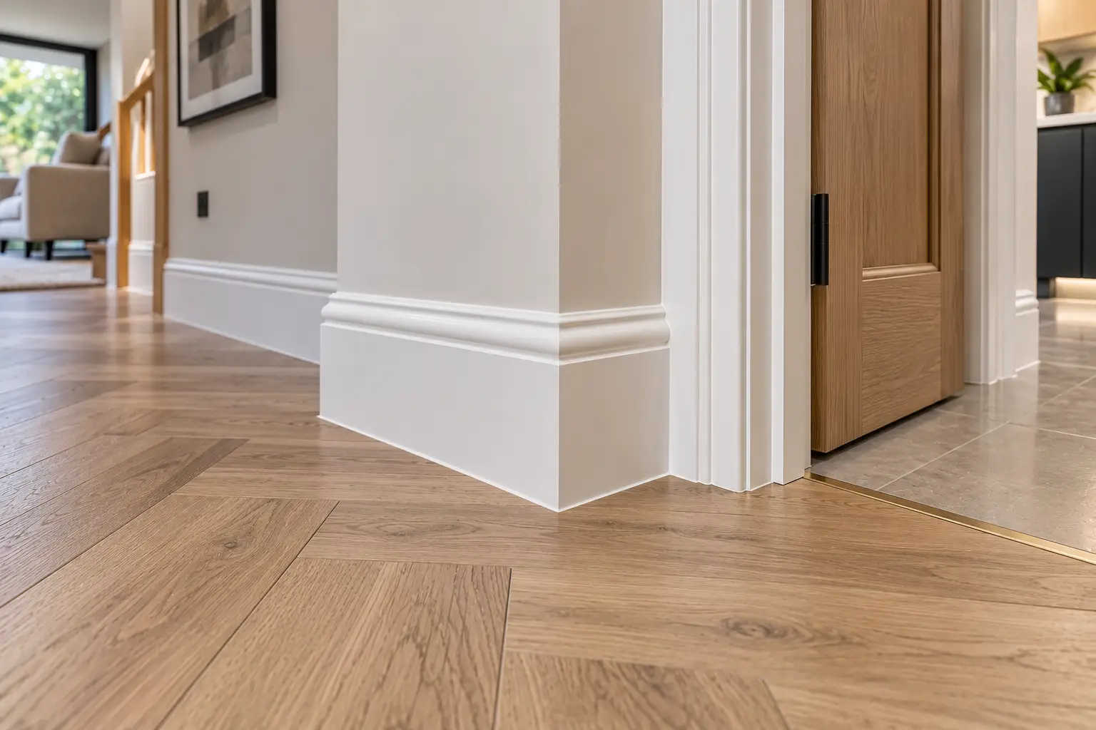 Precision-fitted skirting boards and finishing trims alongside herringbone flooring in a Leeds home