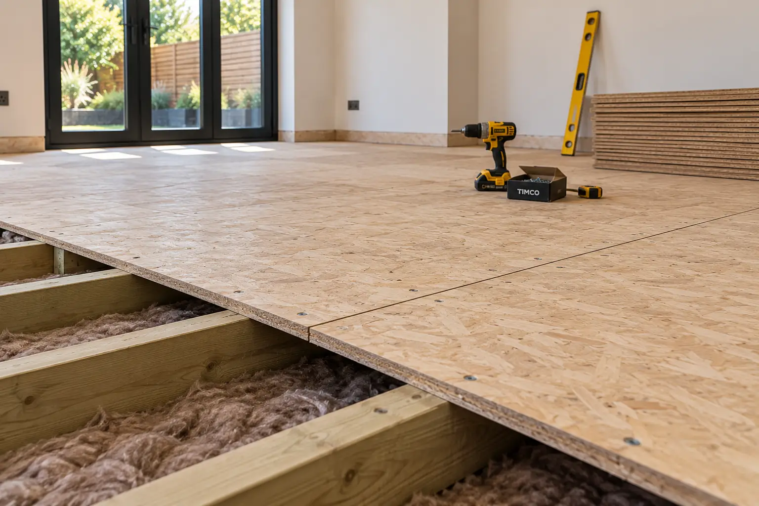 Timber subfloor preparation with structural floor panels installed over insulated joists in a Leeds home