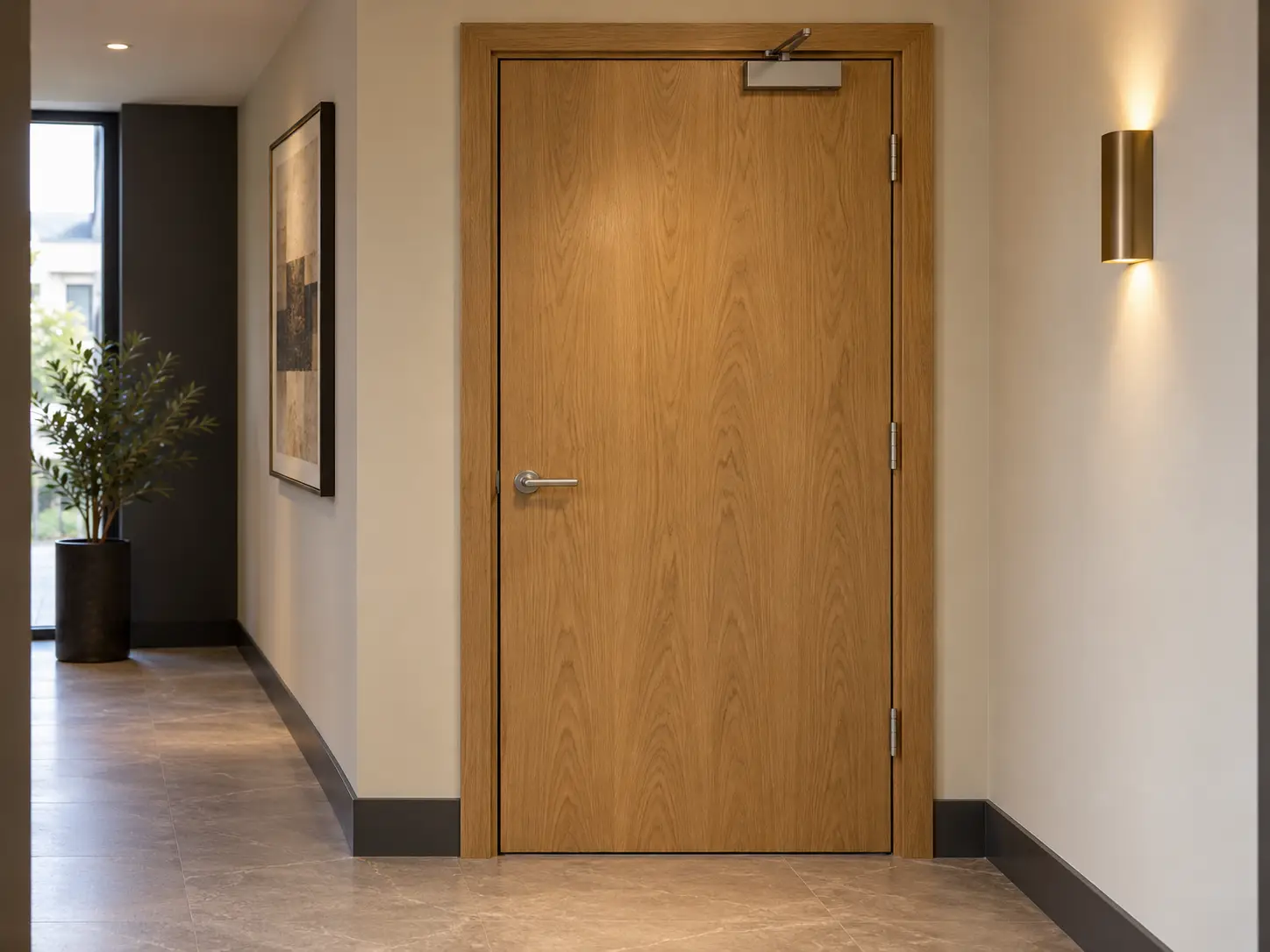 Timber fire door with overhead closer and stainless-steel hardware in a contemporary property.