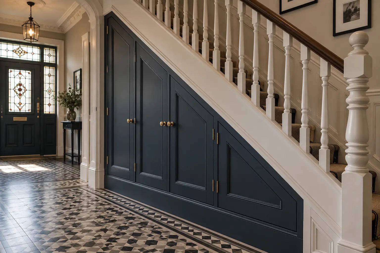 Bespoke navy under stairs storage with panelled doors in a Victorian hallway