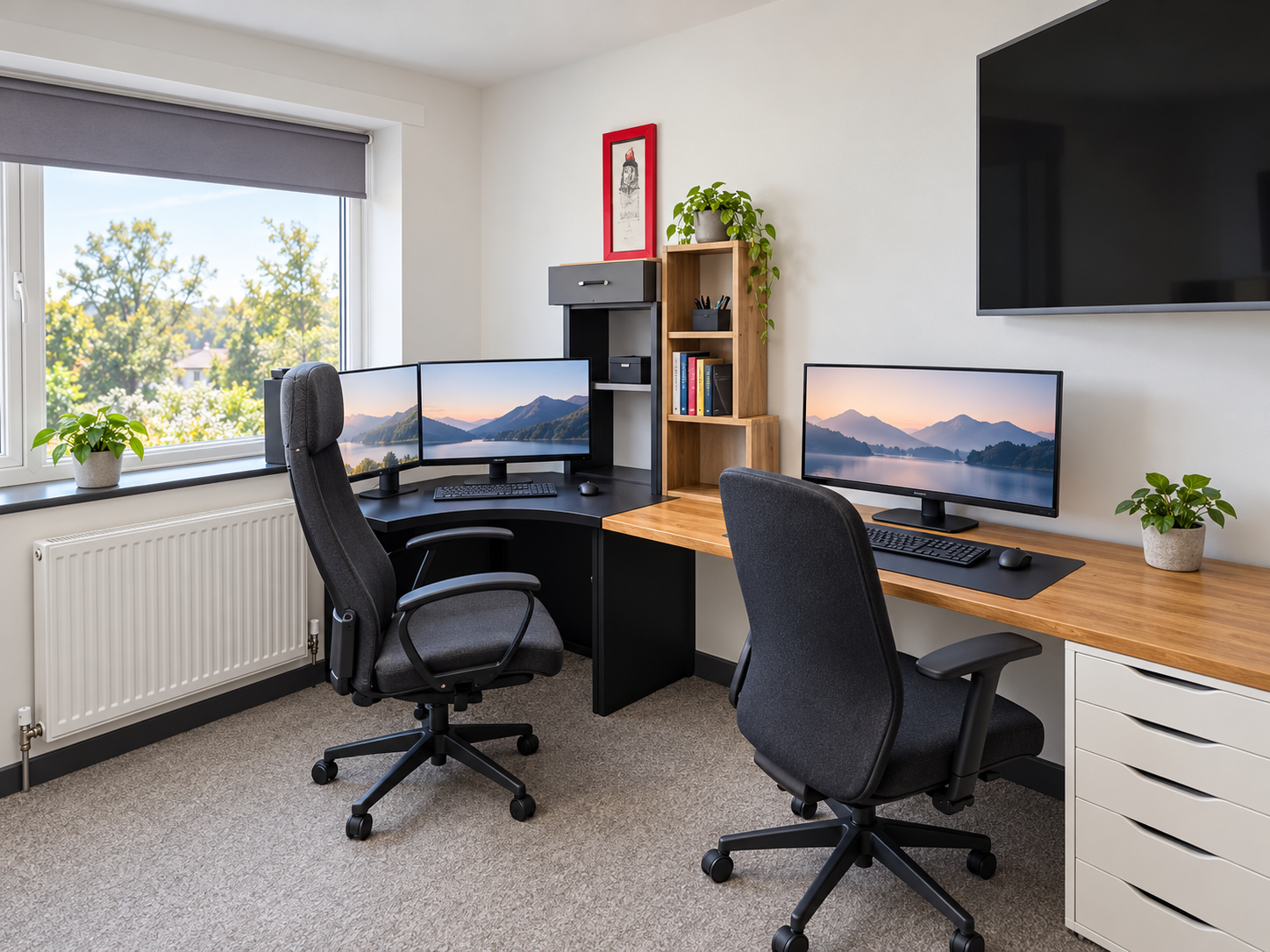 Bespoke two-person home office with L-shaped desks, oak worktops, fitted storage and multiple computer monitors