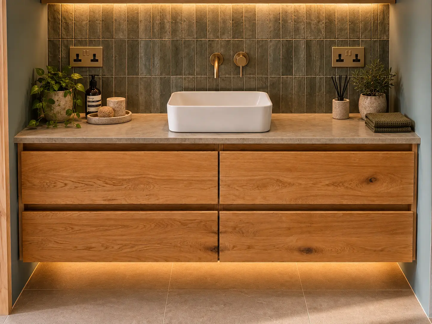 Bespoke floating oak bathroom vanity unit with four drawers, microcement worktop and white countertop basin